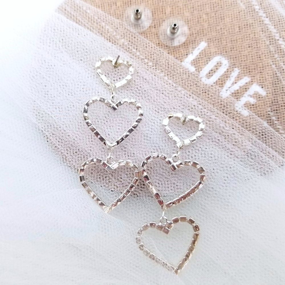 White Crystal Heart Triple Drop Earrings - Picture 6 of 6